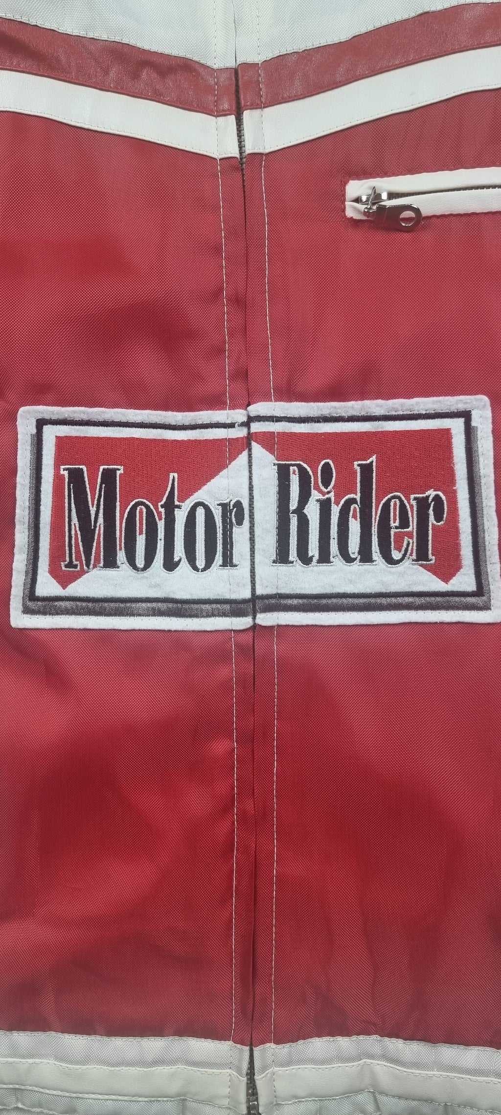 Chaqueta motera vintage Tianlong Motor Rider roja y blanca – Talla L
