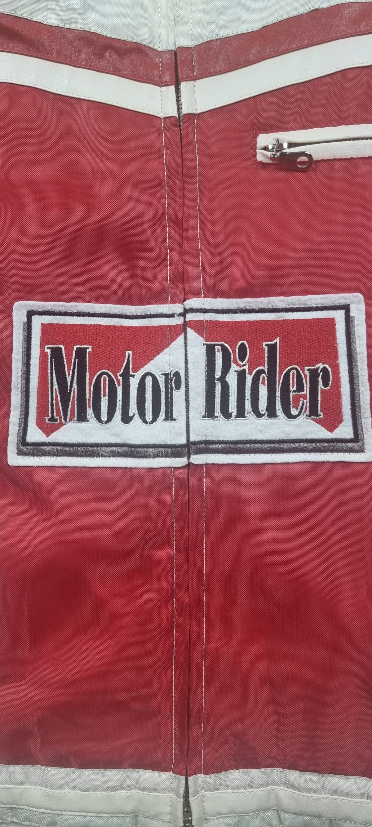 Chaqueta motera vintage Tianlong Motor Rider roja y blanca – Talla L