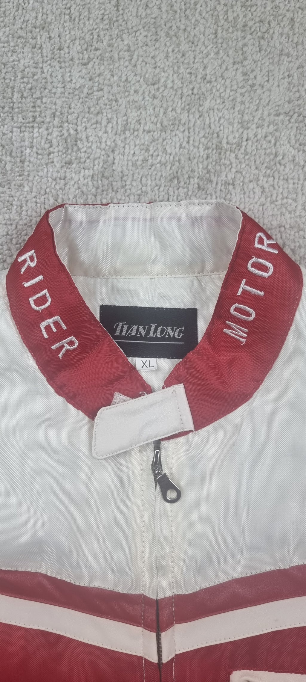 Chaqueta motera vintage Tianlong Motor Rider roja y blanca – Talla L