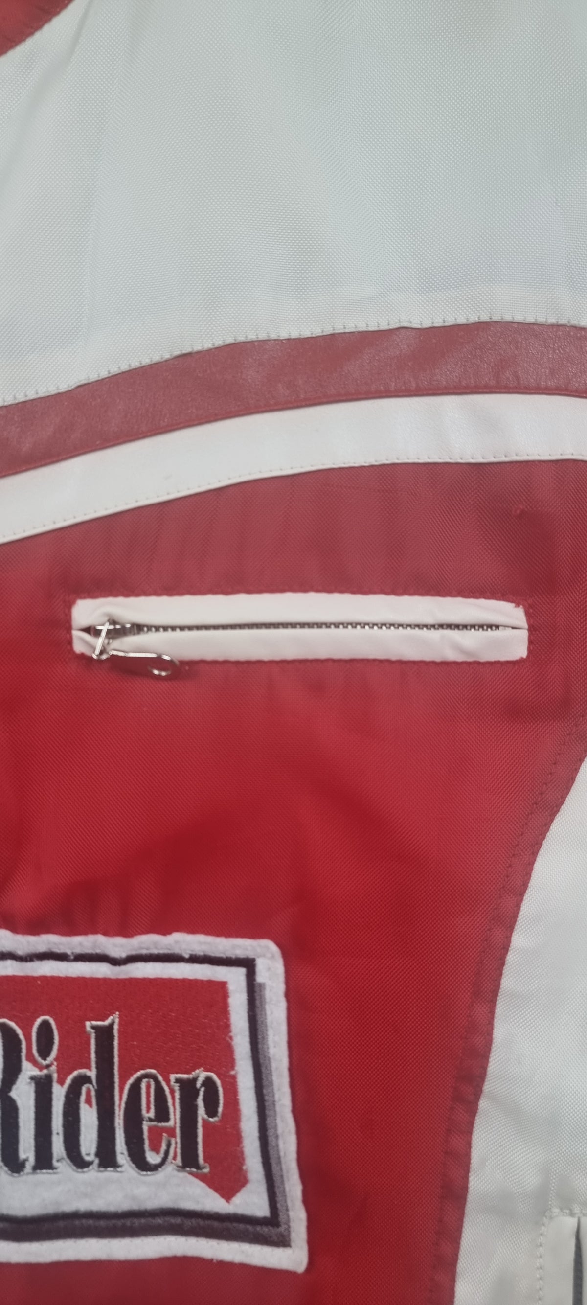 Chaqueta motera vintage Tianlong Motor Rider roja y blanca – Talla L