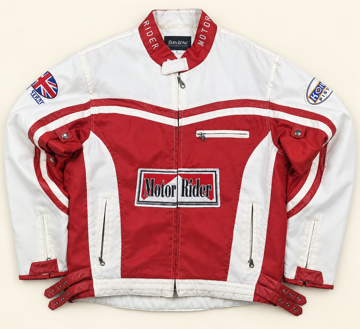 Chaqueta motera vintage Tianlong Motor Rider roja y blanca – Talla L