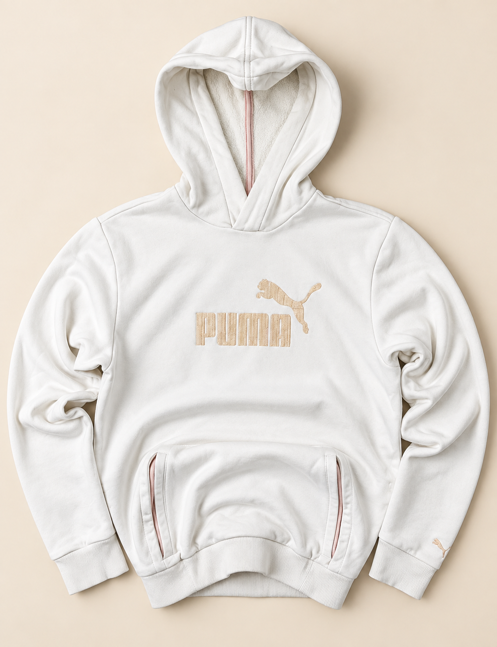 Sudadera Puma con Capucha Blanca Logo Bordado Beige – Talla XL